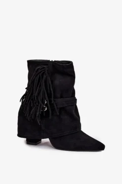 Botki Damskie Na Słupku Z Frędzlami I Złotymi Klamrami Czarne Evelisse