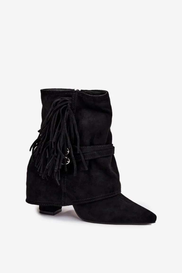 Botki Damskie Na Słupku Z Frędzlami I Złotymi Klamrami Czarne Evelisse