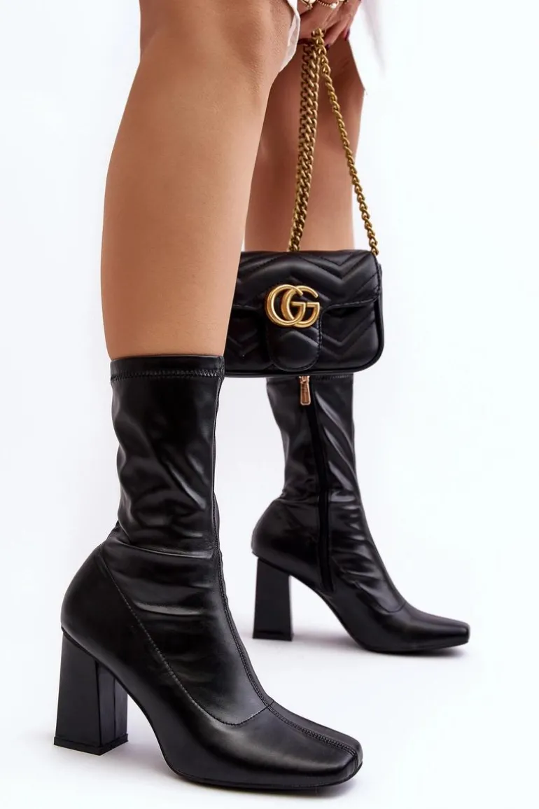 Botki Damskie Na Słupku Z Kwadratowym Noskiem Czarne Glavina