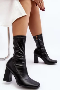 Botki Damskie Na Słupku Z Kwadratowym Noskiem Czarne Glavina