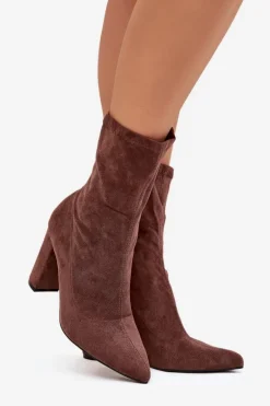 Botki Damskie Na Słupku Z Przeszyciami Brązowe Rosivelle