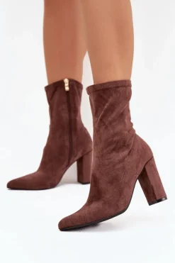 Botki Damskie Na Słupku Z Przeszyciami Brązowe Rosivelle