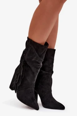 Botki Damskie Na Słupku Z Frędzlami I Marszczeniem Ocieplane Czarne Darlina