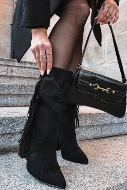 Botki Damskie Na Słupku Z Frędzlami I Marszczeniem Ocieplane Czarne Darlina