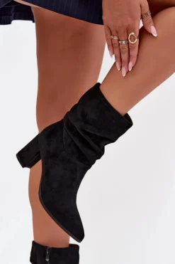 Botki Damskie Na Słupku Z Marszczeniem Ocieplane Czarne Amelise