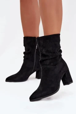 Botki Damskie Na Słupku Z Marszczeniem Ocieplane Czarne Amelise