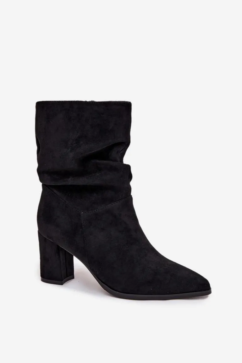 Botki Damskie Na Słupku Z Marszczeniem Ocieplane Czarne Amelise