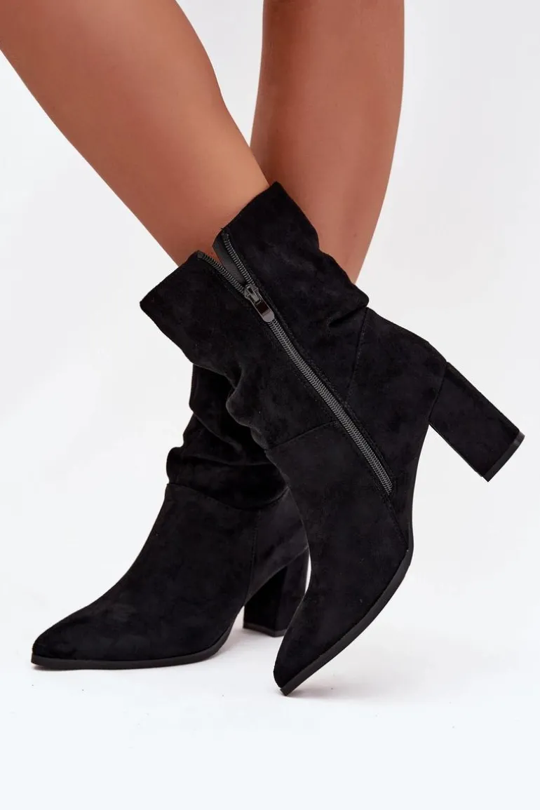Botki Damskie Na Słupku Z Marszczeniem Ocieplane Czarne Amelise
