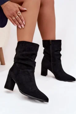 Botki Damskie Na Słupku Z Marszczeniem Ocieplane Czarne Amelise