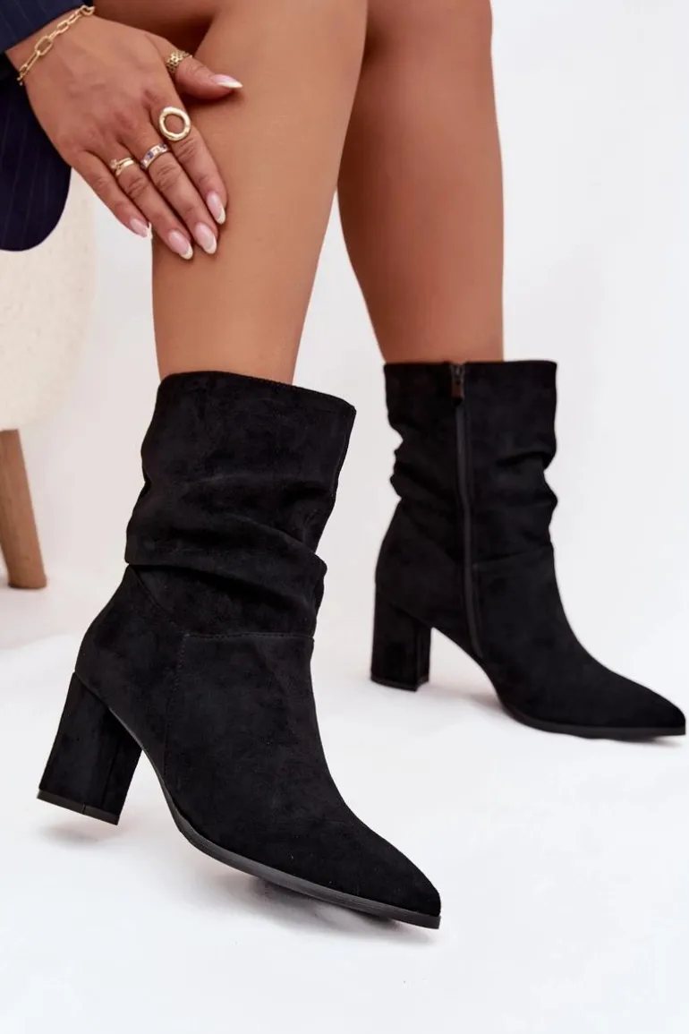 Botki Damskie Na Słupku Z Marszczeniem Ocieplane Czarne Amelise