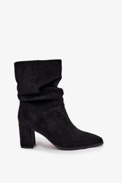 Botki Damskie Na Słupku Z Marszczeniem Ocieplane Czarne Amelise