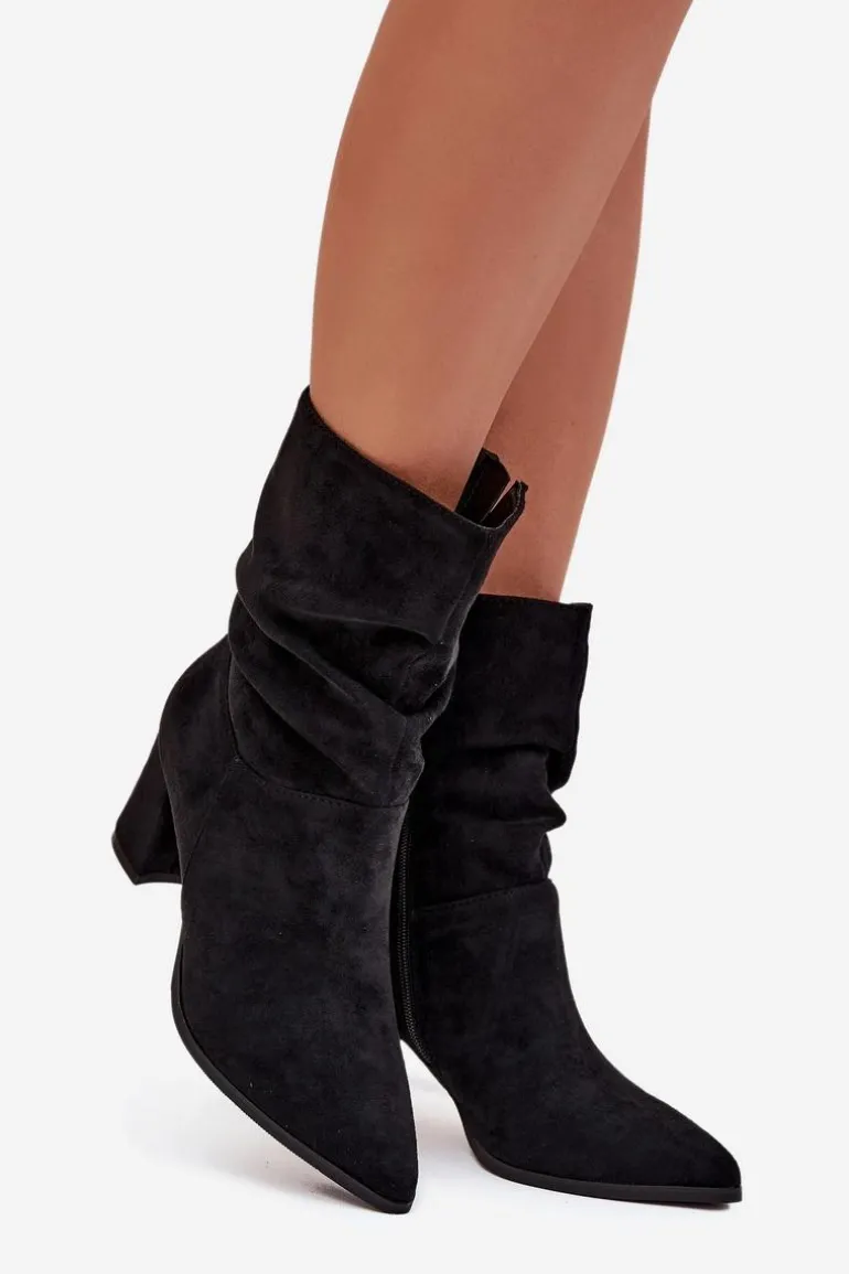 Botki Damskie Na Słupku Z Marszczeniem Ocieplane Czarne Amelise