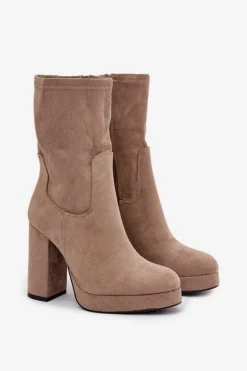 Botki Damskie Na Słupku Z Eko Zamszu Beżowe Carolina