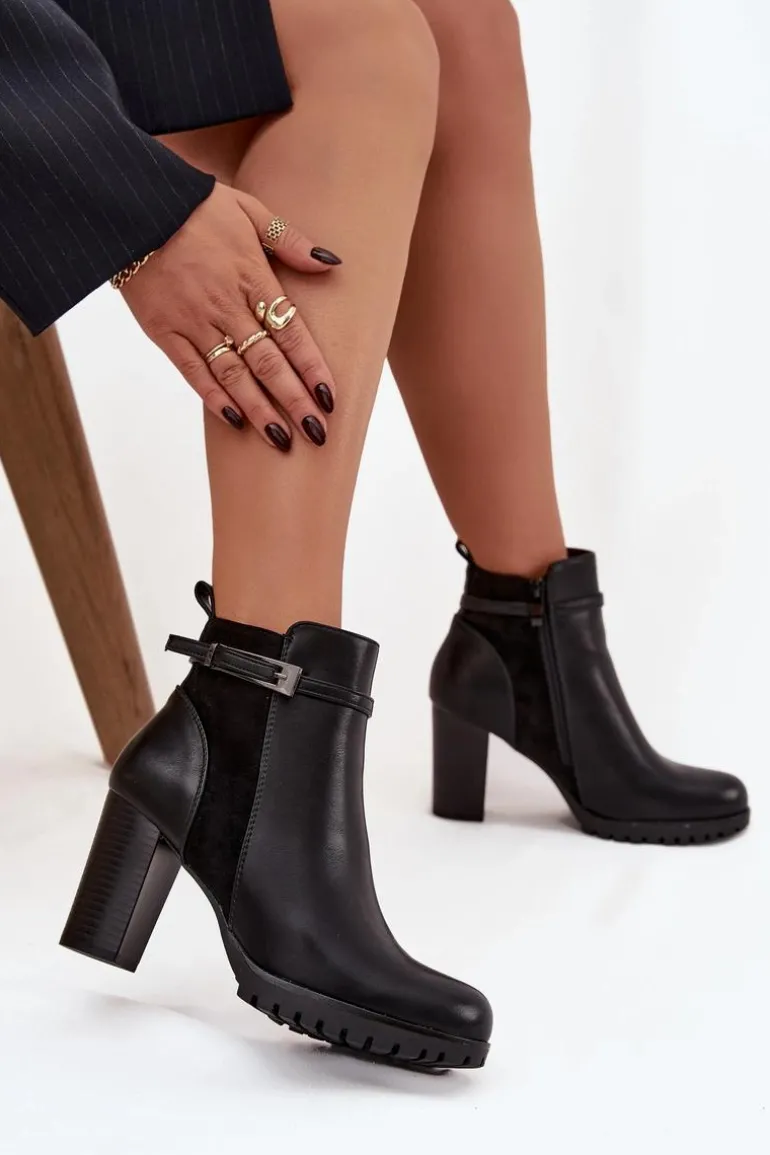 Botki Damskie Na Słupku Z Paskiem Czarne Mirielle