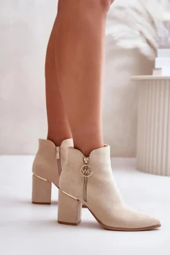 Botki Damskie Na Słupku Z Noskami W Szpic Eko Zamszowe Ocieplane Beżowe Raisha