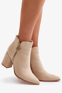 Botki Damskie Na Słupku Z Noskami W Szpic Eko Zamszowe Ocieplane Beżowe Raisha