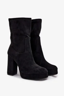 Botki Damskie Na Słupku Z Eko Zamszu Czarne Carolina