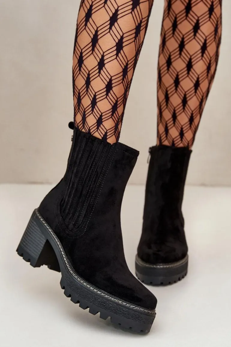 Botki Damskie Na Słupku Z Eko Zamszu Ocieplane Czarne Nevitas