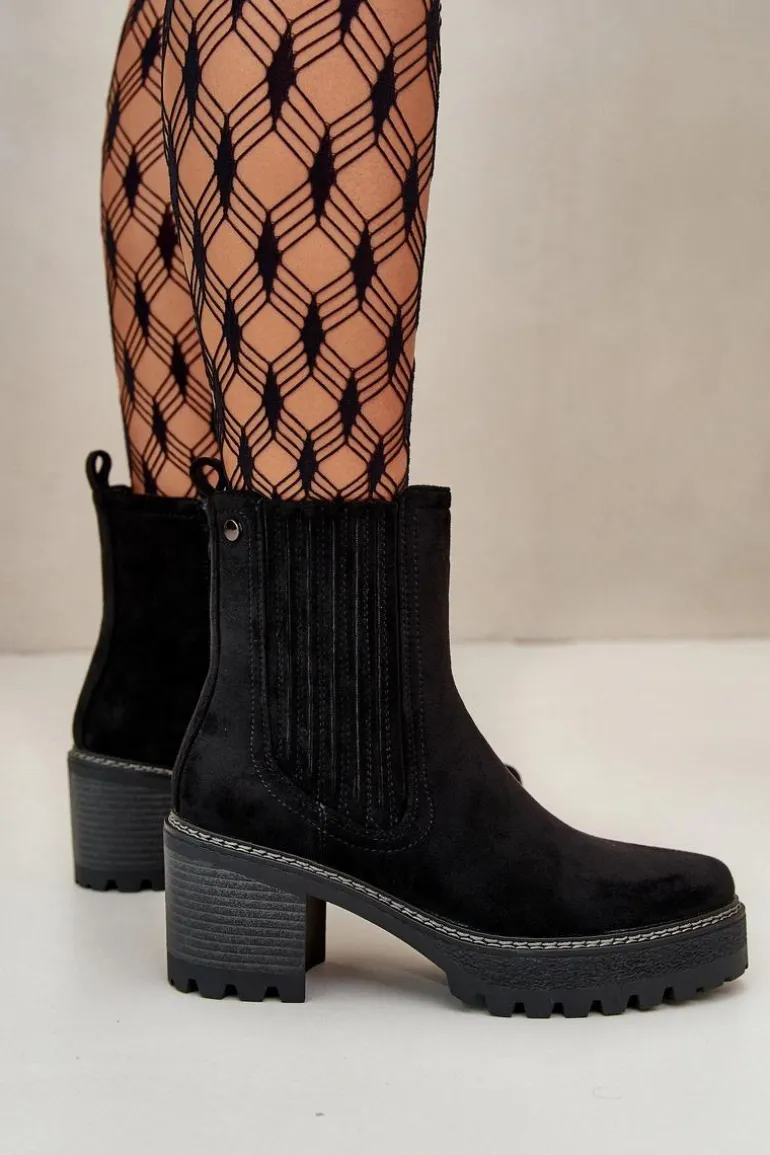 Botki Damskie Na Słupku Z Eko Zamszu Ocieplane Czarne Nevitas
