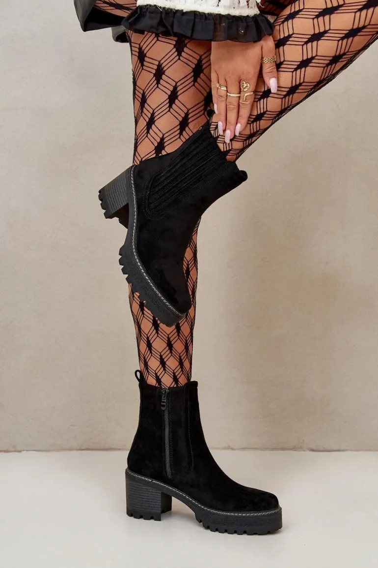 Botki Damskie Na Słupku Z Eko Zamszu Ocieplane Czarne Nevitas