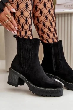 Botki Damskie Na Słupku Z Eko Zamszu Ocieplane Czarne Nevitas