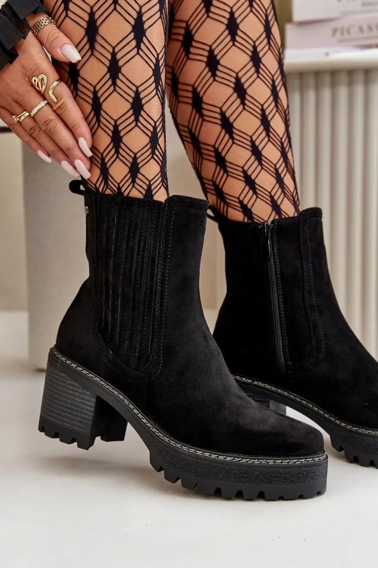 Botki Damskie Na Słupku Z Eko Zamszu Ocieplane Czarne Nevitas