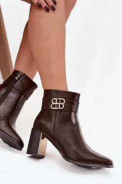 Botki Damskie Na Słupku Z Paskiem I Złotym Detalem Czekoladowe Galinne