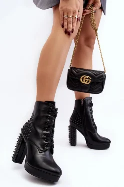 Botki Damskie Na Słupku Z Ćwiekami Czarne Alemilla