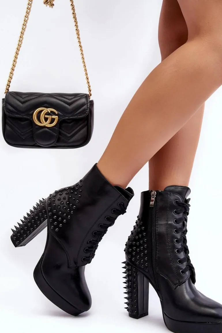 Botki Damskie Na Słupku Z Ćwiekami Czarne Alemilla