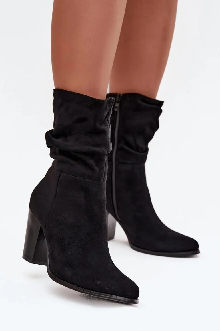 Botki Damskie Na Słupku Z Marszczeniem Czarne Jovessa
