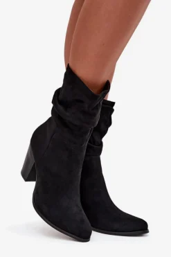 Botki Damskie Na Słupku Z Marszczeniem Czarne Jovessa