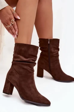 Botki Damskie Na Słupku Z Marszczeniem Ocieplane Brązowe Amelise