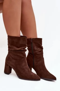 Botki Damskie Na Słupku Z Marszczeniem Ocieplane Brązowe Amelise