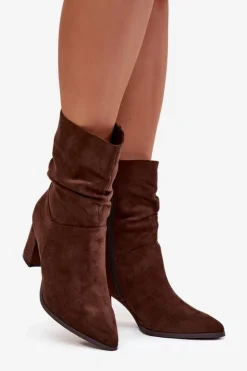 Botki Damskie Na Słupku Z Marszczeniem Ocieplane Brązowe Amelise