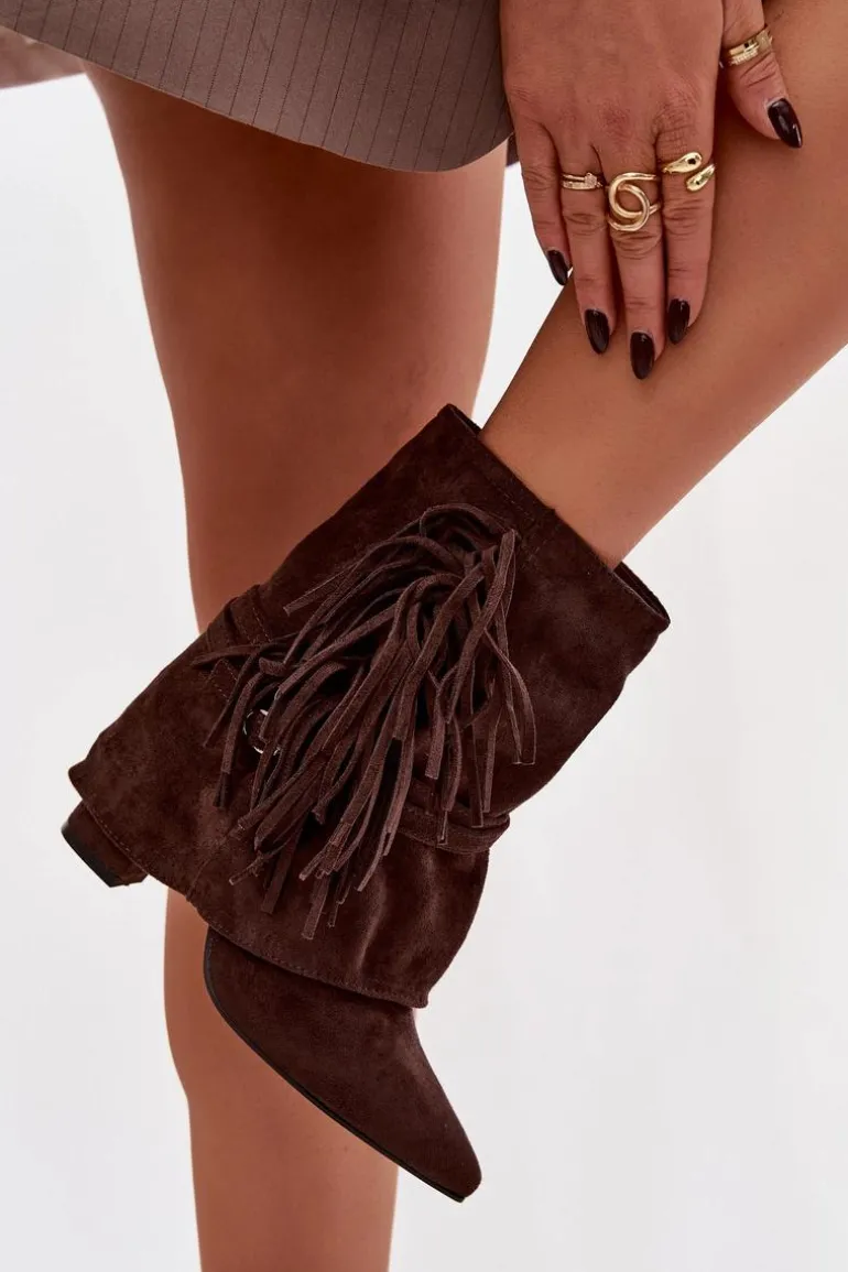 Botki Damskie Na Słupku Z Frędzlami I Złotymi Klamrami Czekoladowe Evelisse