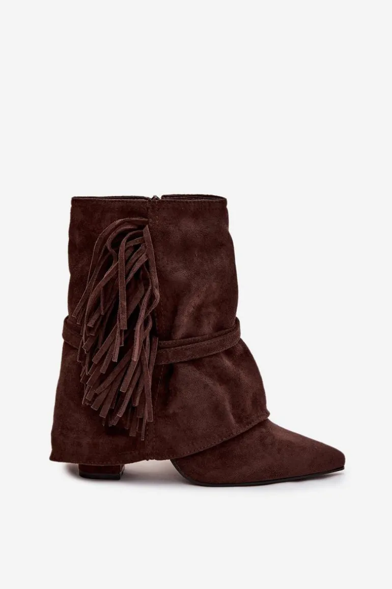 Botki Damskie Na Słupku Z Frędzlami I Złotymi Klamrami Czekoladowe Evelisse