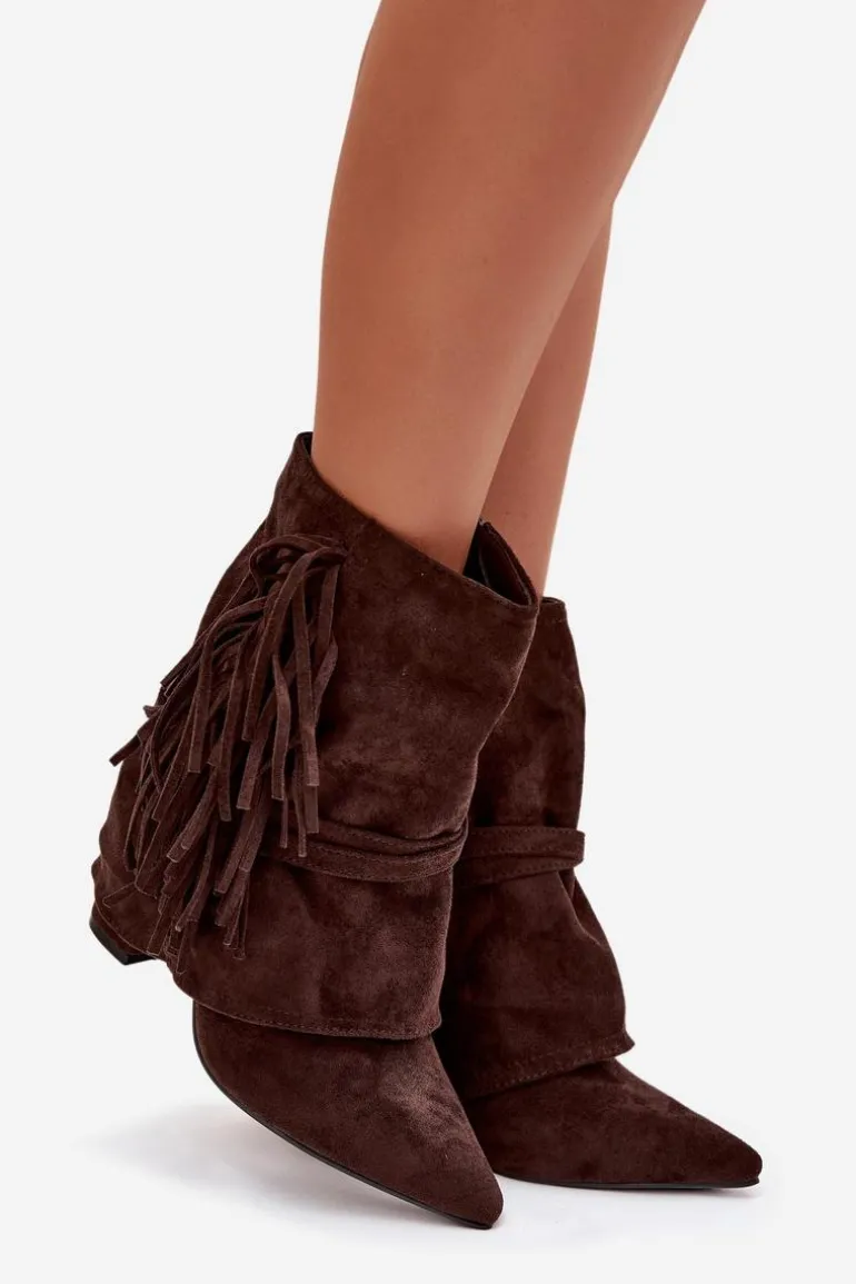 Botki Damskie Na Słupku Z Frędzlami I Złotymi Klamrami Czekoladowe Evelisse