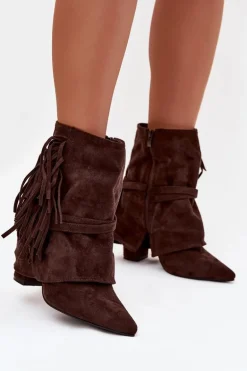 Botki Damskie Na Słupku Z Frędzlami I Złotymi Klamrami Czekoladowe Evelisse