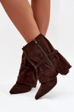 Botki Damskie Na Słupku Z Frędzlami I Złotymi Klamrami Czekoladowe Evelisse