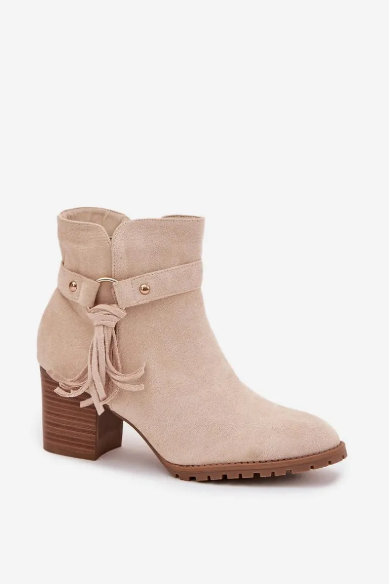Botki Damskie Na Słupku Z Frędzlami Jasnobeżowe Rosabella
