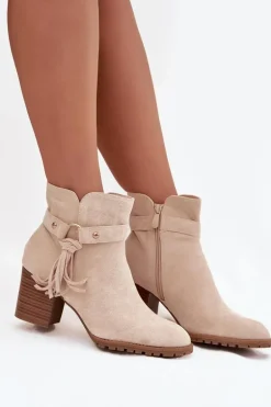 Botki Damskie Na Słupku Z Frędzlami Jasnobeżowe Rosabella