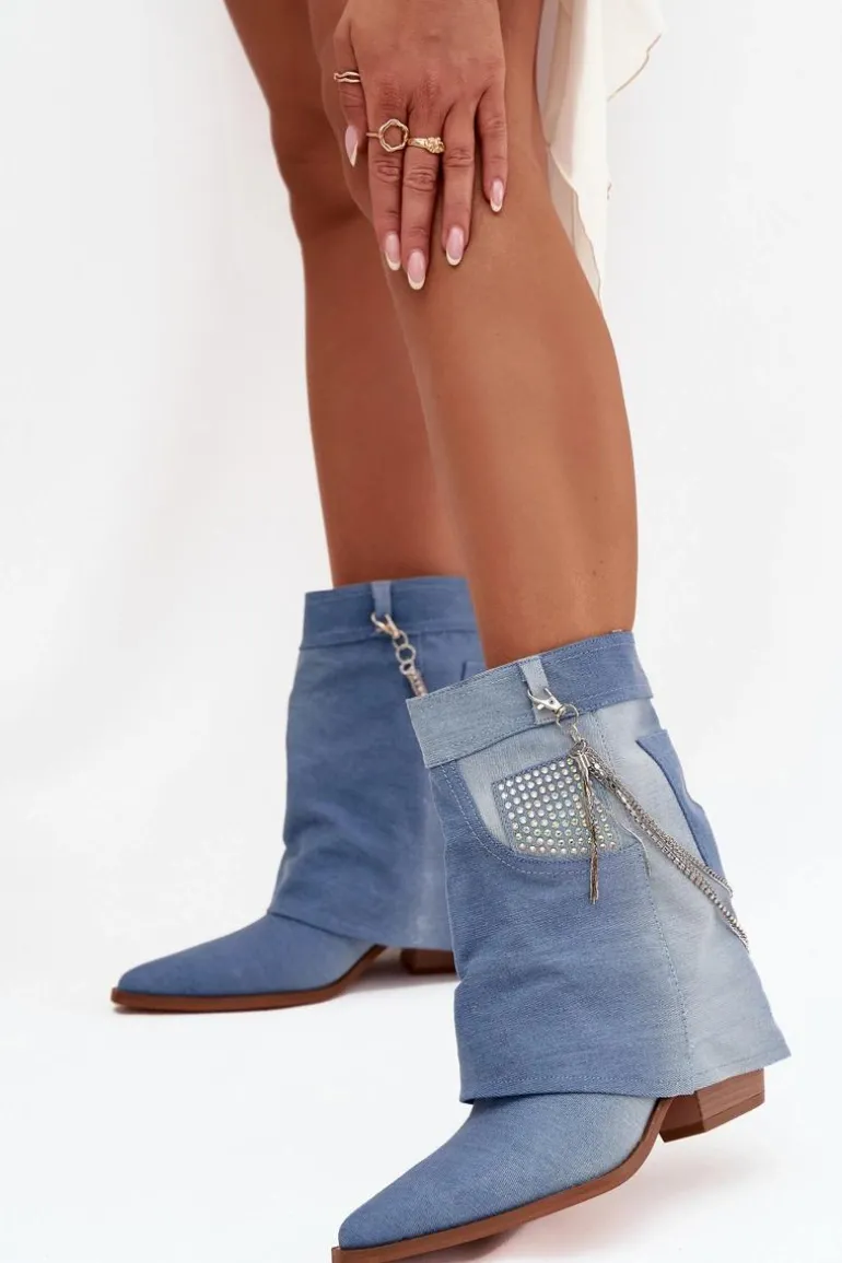 Botki Damskie Na Słupku Z Łańcuszkiem Jeansowe Ilyana