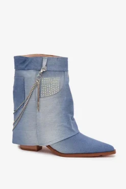 Botki Damskie Na Słupku Z Łańcuszkiem Jeansowe Ilyana