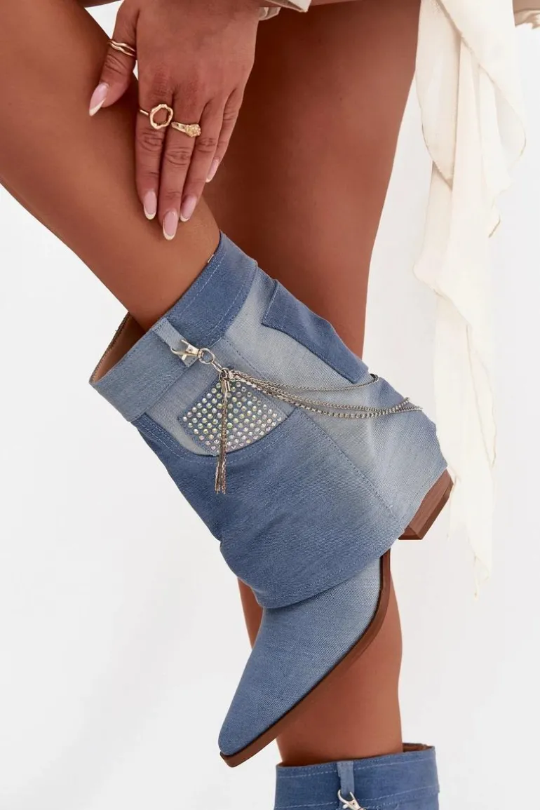 Botki Damskie Na Słupku Z Łańcuszkiem Jeansowe Ilyana