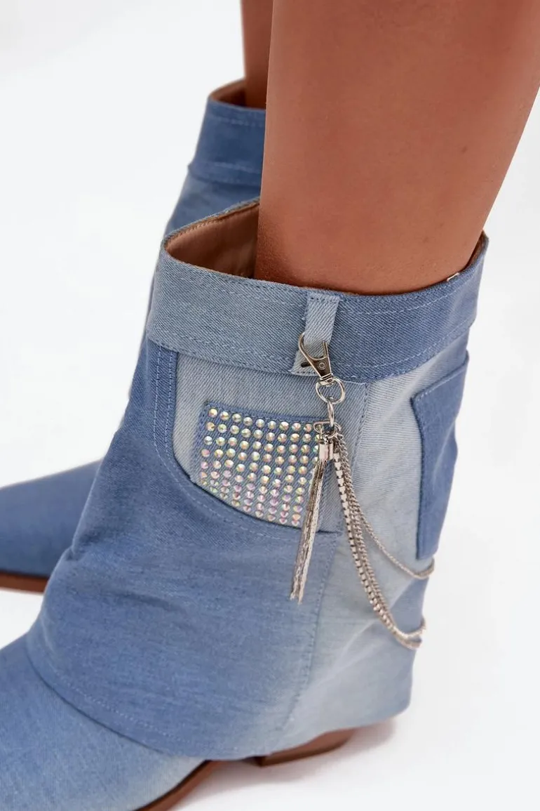 Botki Damskie Na Słupku Z Łańcuszkiem Jeansowe Ilyana