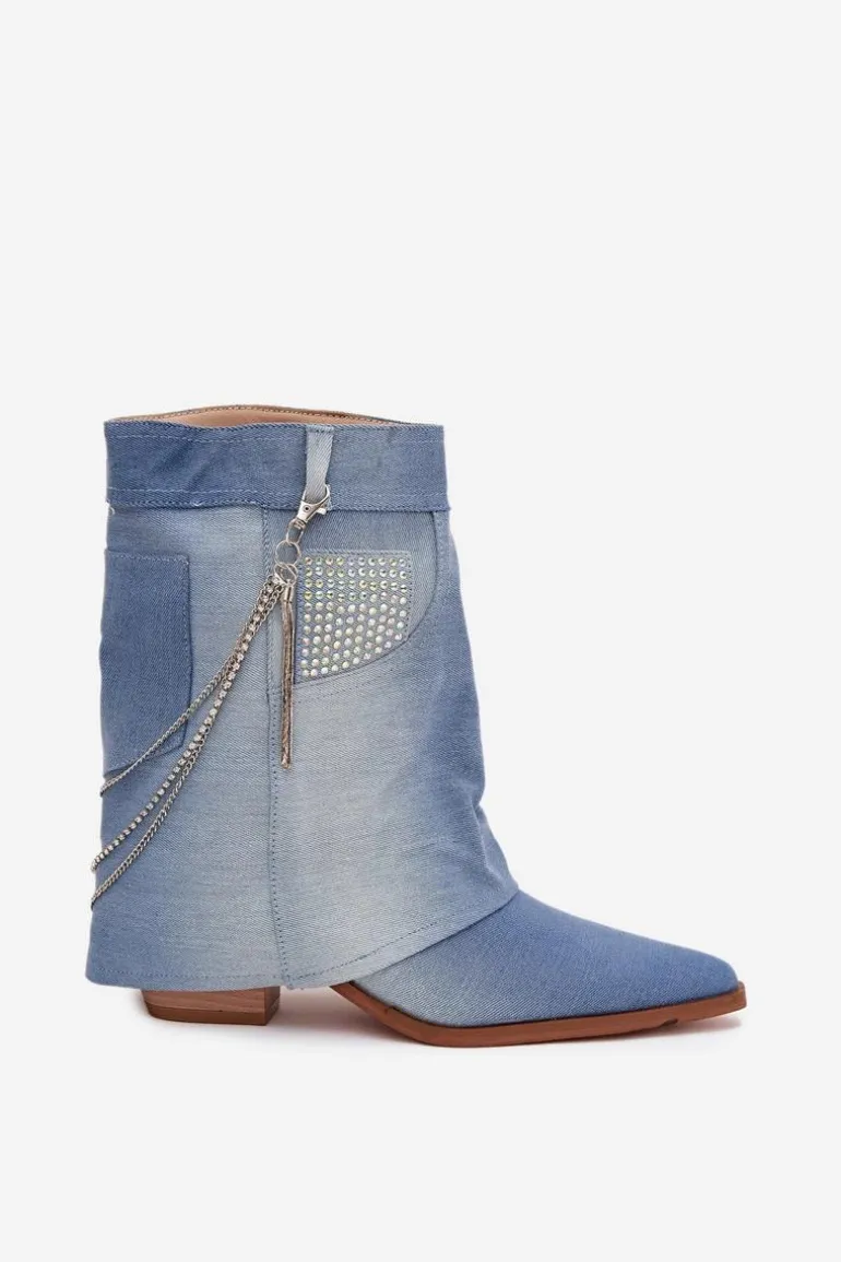 Botki Damskie Na Słupku Z Łańcuszkiem Jeansowe Ilyana