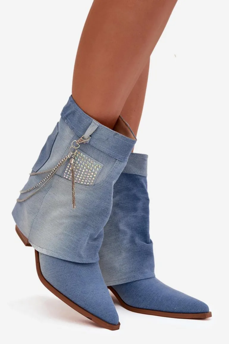 Botki Damskie Na Słupku Z Łańcuszkiem Jeansowe Ilyana