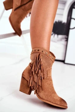 Botki Damskie Na Słupku Z Frędzlami Kowbojki Khaki Michelle