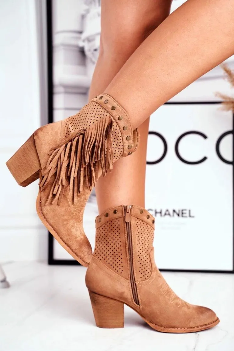 Botki Damskie Na Słupku Z Frędzlami Kowbojki Khaki Michelle
