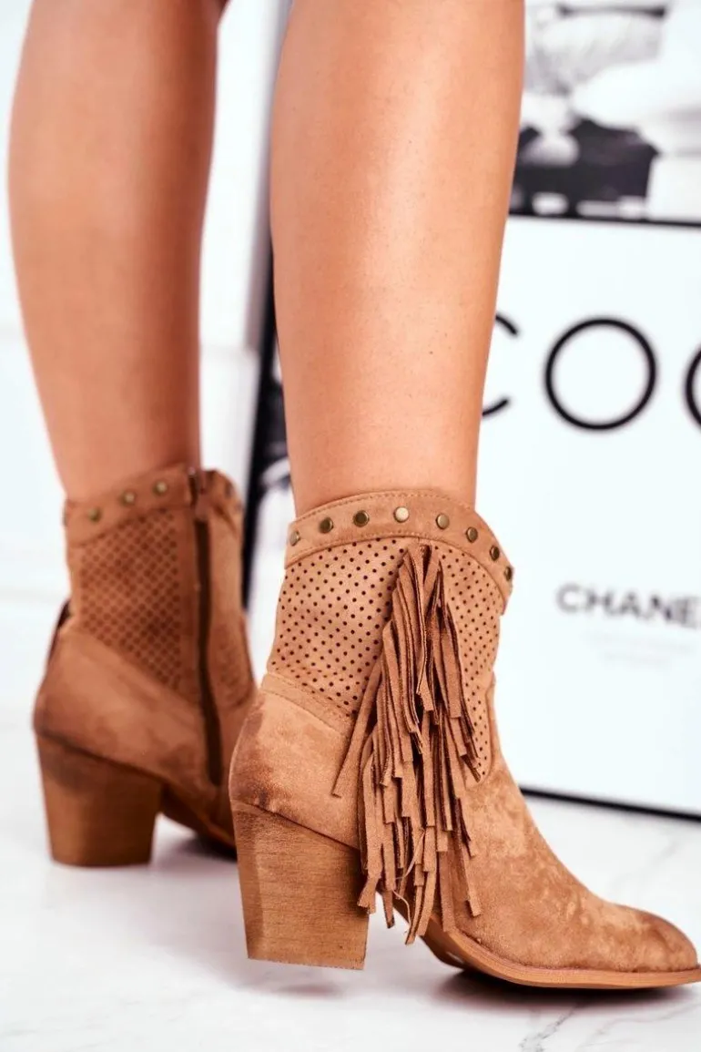 Botki Damskie Na Słupku Z Frędzlami Kowbojki Khaki Michelle